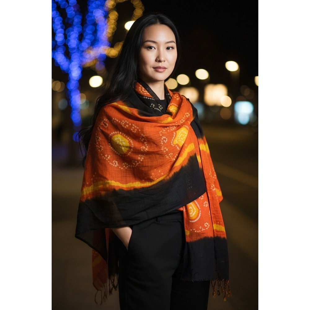 Bandhani Scarf Orange Black Excellent Tie Dye Wrap Whimsigoth EthnoModern Fusion